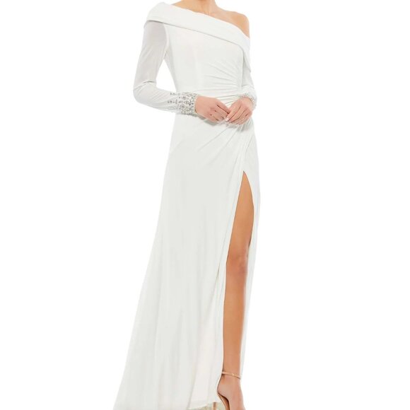 NWT MAC DUGGAL One Shoulder Long Sleeve Jersey Gown Jewel Accent White ‎ 12231 - Picture 1 of 8